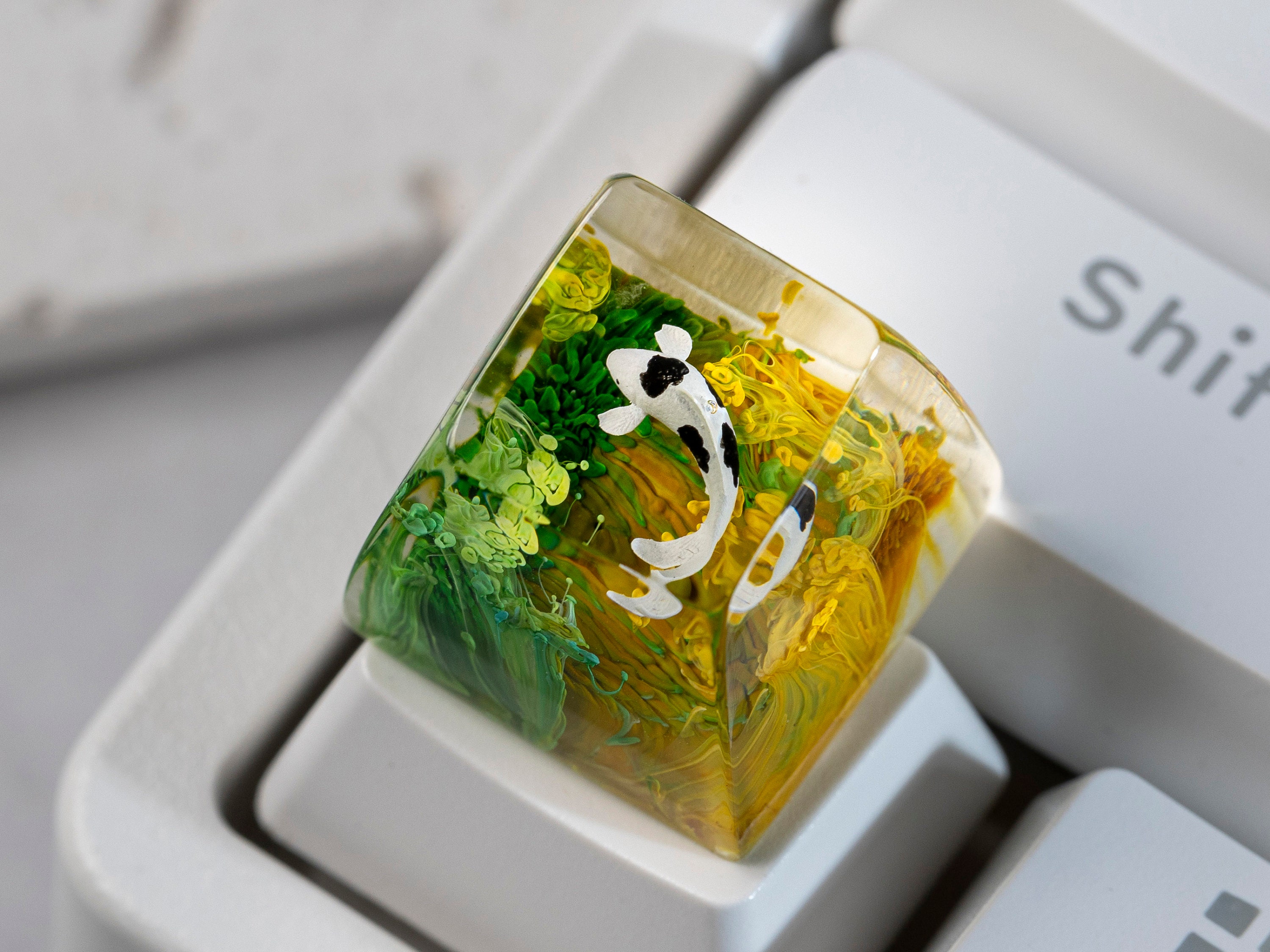 Koi Fish Keycap, Green and Yellow Koi, Artisan Keycap, Keycap for MX Cherry Switches Keyboard, Handmade Gift